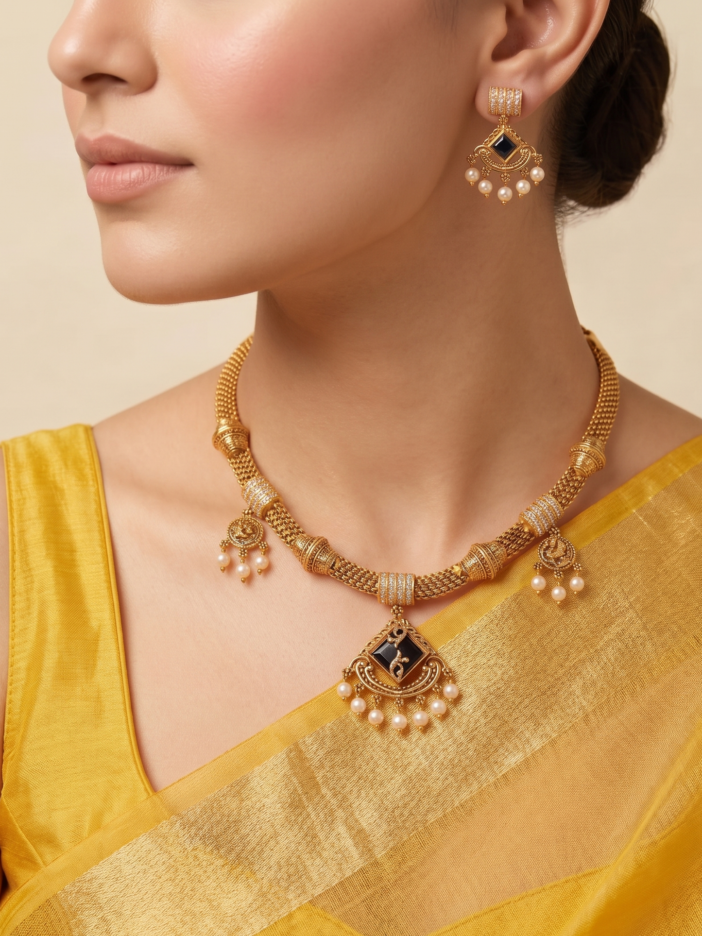 Ruhi Antique CZ Pearl Choker Set - blue - image 1