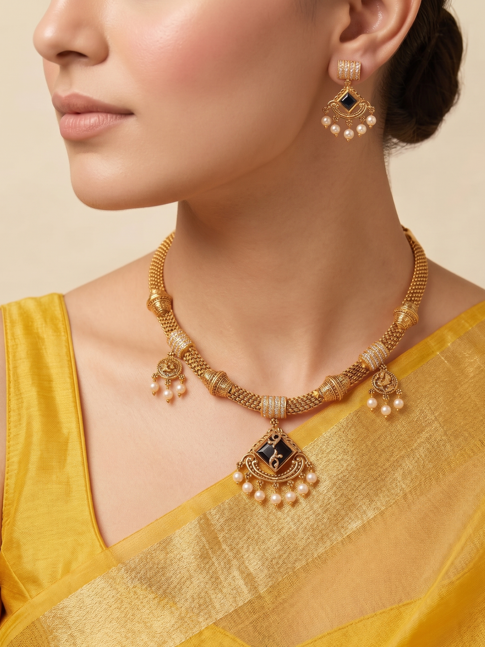Ruhi Antique CZ Pearl Choker Set - blue - image 1