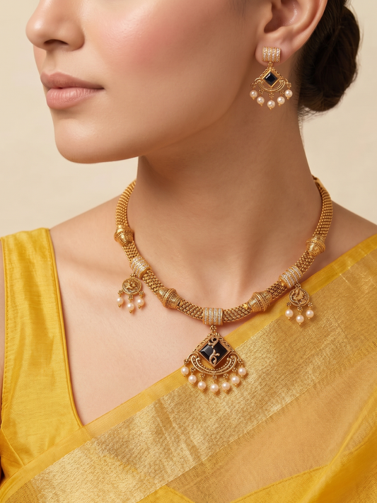 Ruhi Antique CZ Pearl Choker Set - blue - image 1