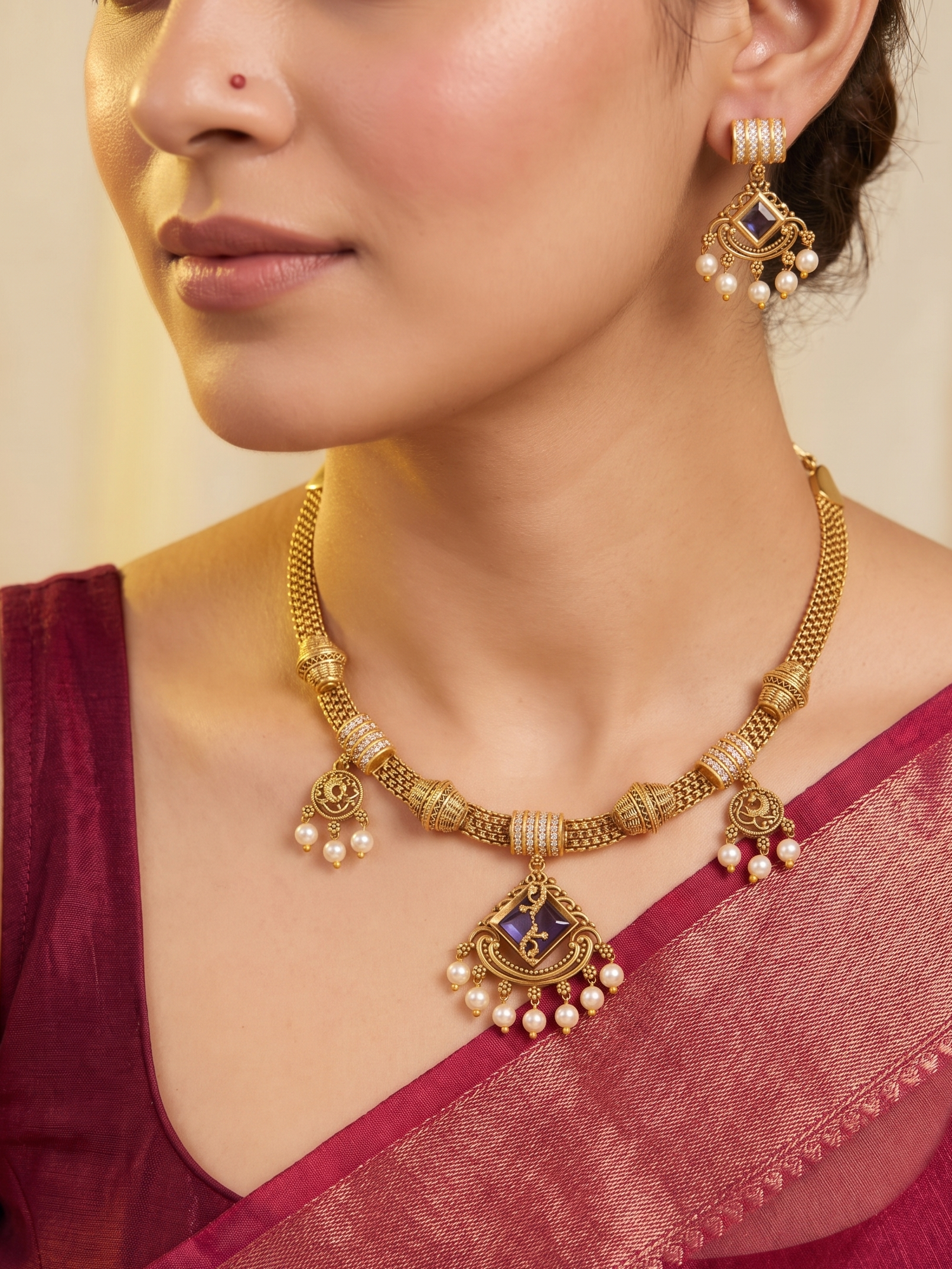 Ruhi Antique CZ Pearl Choker Set - PURPLE - image 1