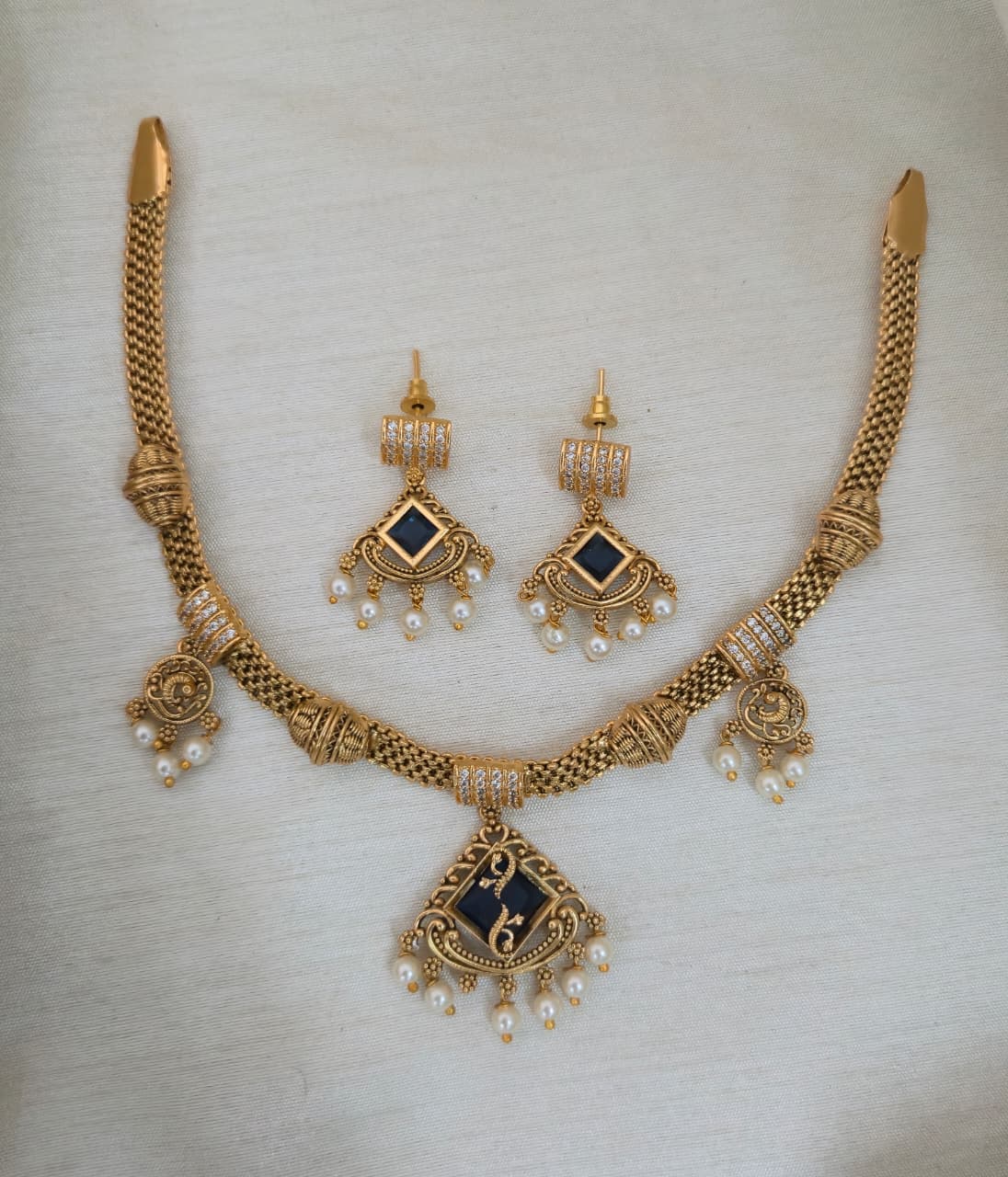 Ruhi Antique CZ Pearl Choker Set - blue - image 2