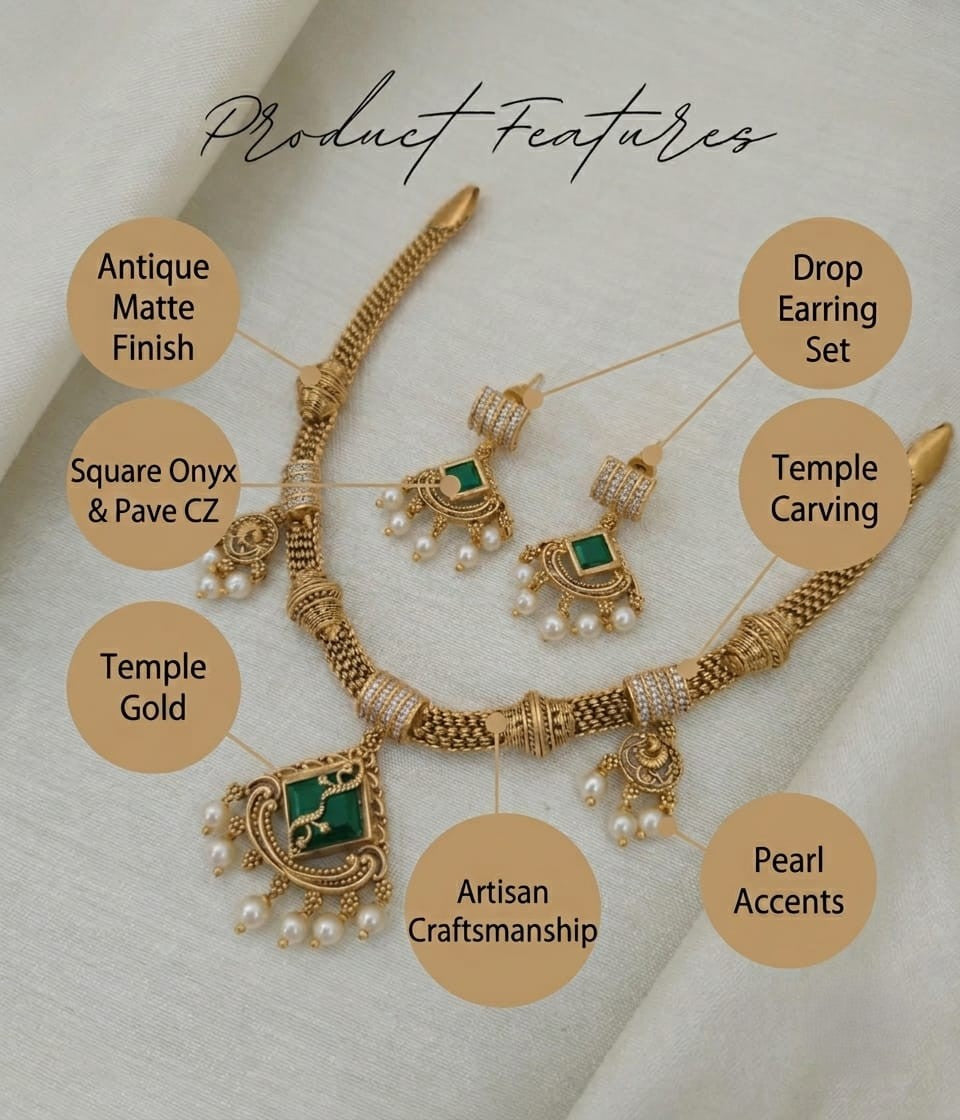 Ruhi Antique CZ Pearl Choker Set - Emerald Green - image 6